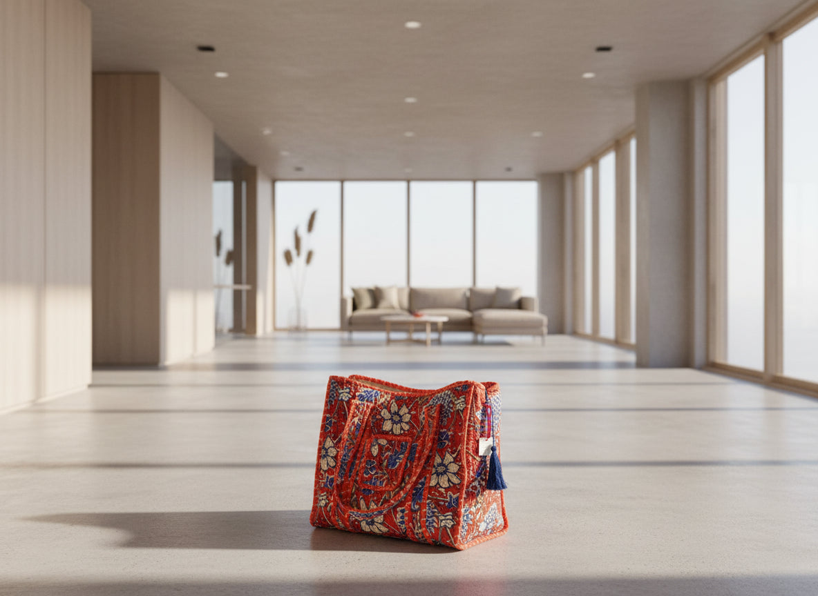 Red floral patterned pouch with a tag on a dark background