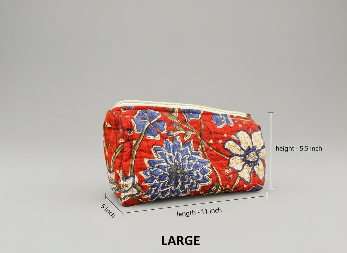 Floral-patterned pouch on a dark fabric background