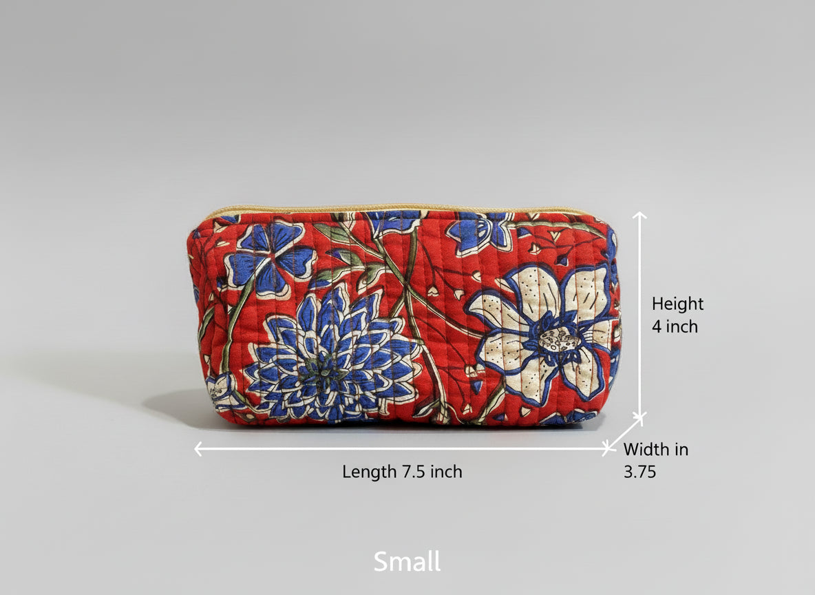 Floral-patterned pouch on a dark fabric background. Red background, blue and white flowers.
