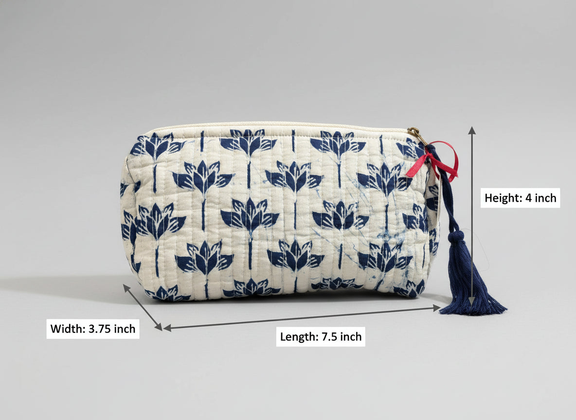 Fabric pouch with blue floral pattern on a brown background