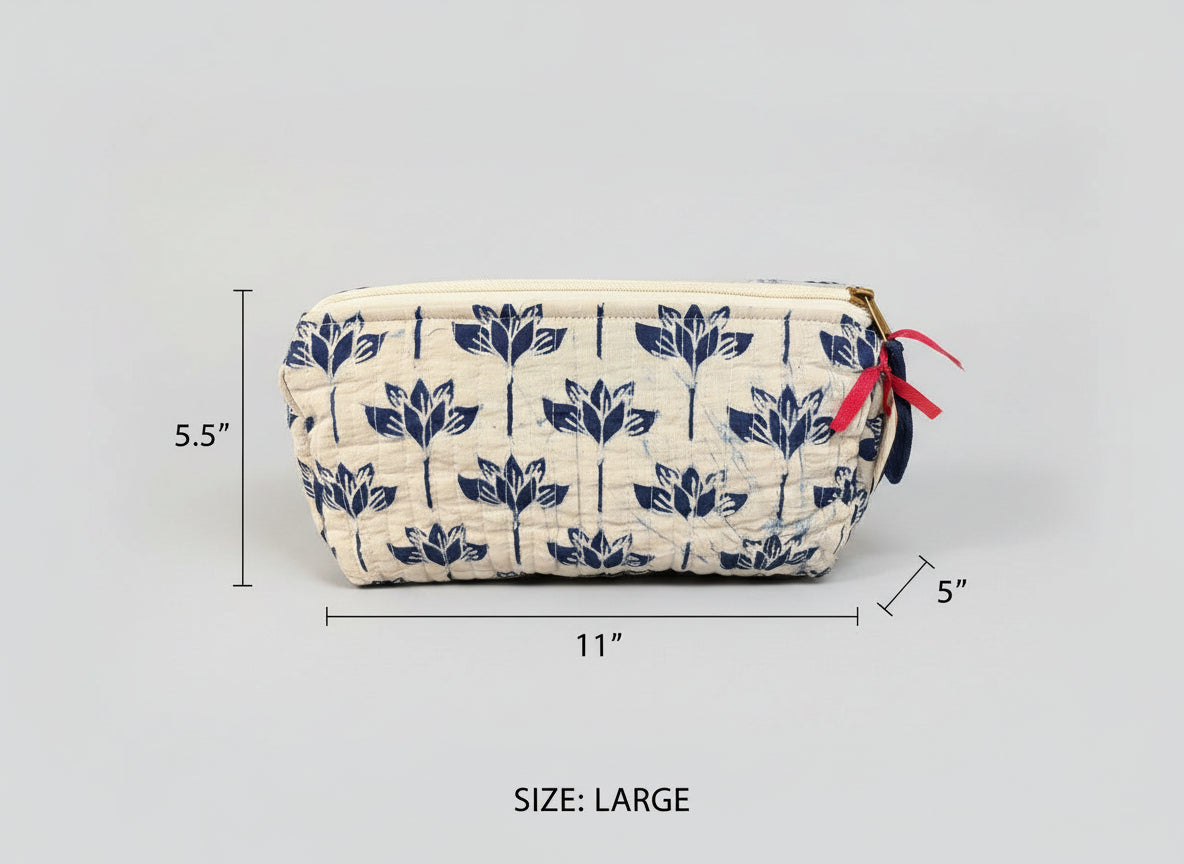 Fabric pouch with blue floral pattern on a white background