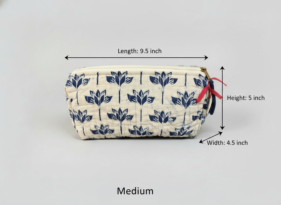 Fabric pouch with blue floral pattern on a white background