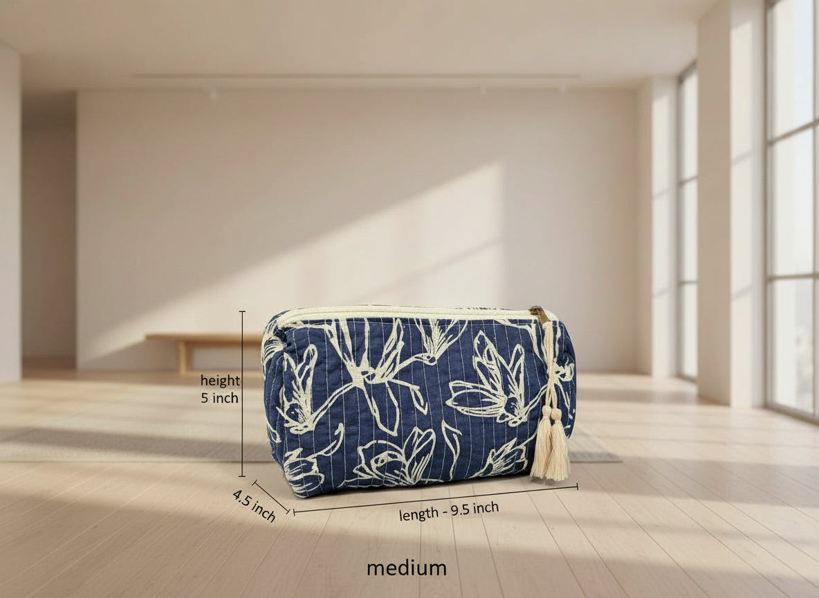 Blue pouch with white floral pattern and tassel on a dark background