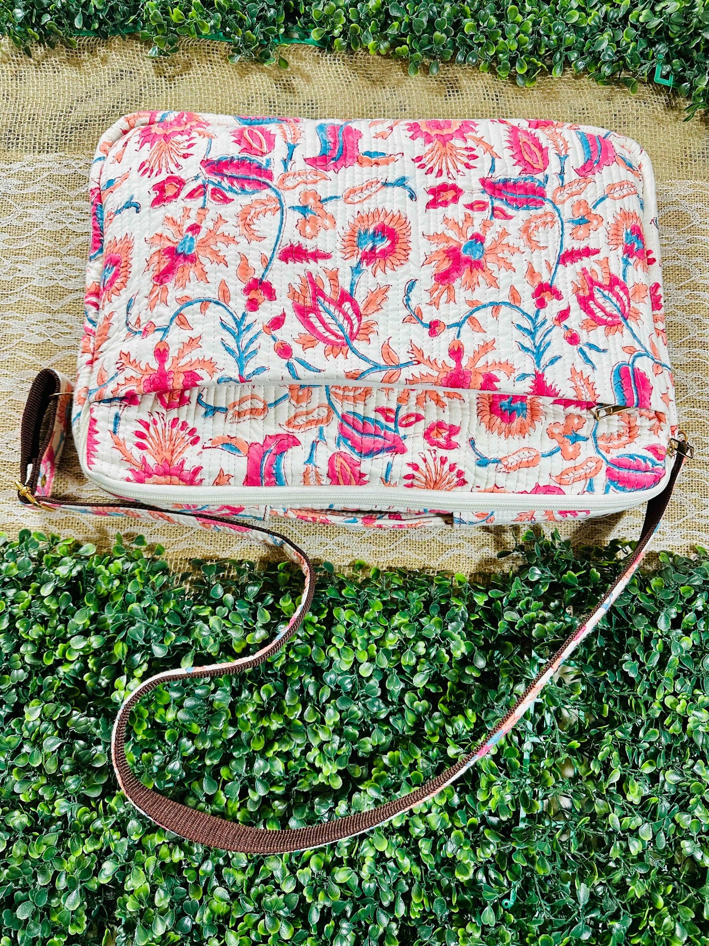 'Pink Blossom' Cotton Quilted laptop bag